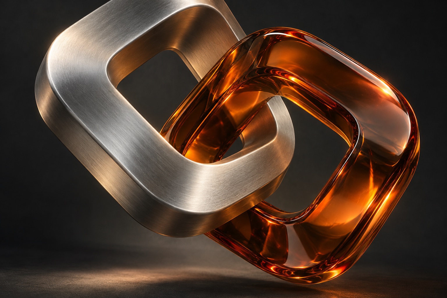 Interlocking silver and amber glass sculptures
